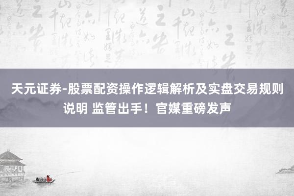 天元证券-股票配资操作逻辑解析及实盘交易规则说明 监管出手！官媒重磅发声